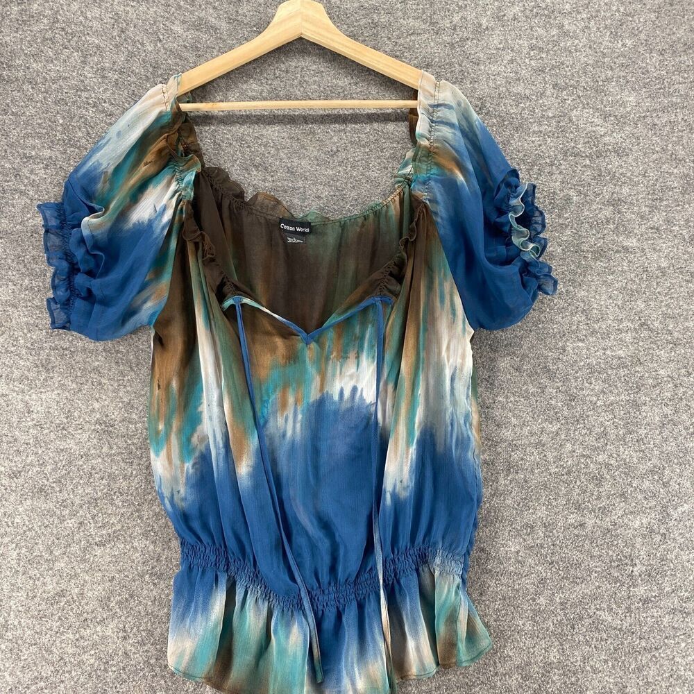 Cotton Works Blouse Women L Large Blue Colorblock V-Neck Tasseled Short Sleeve